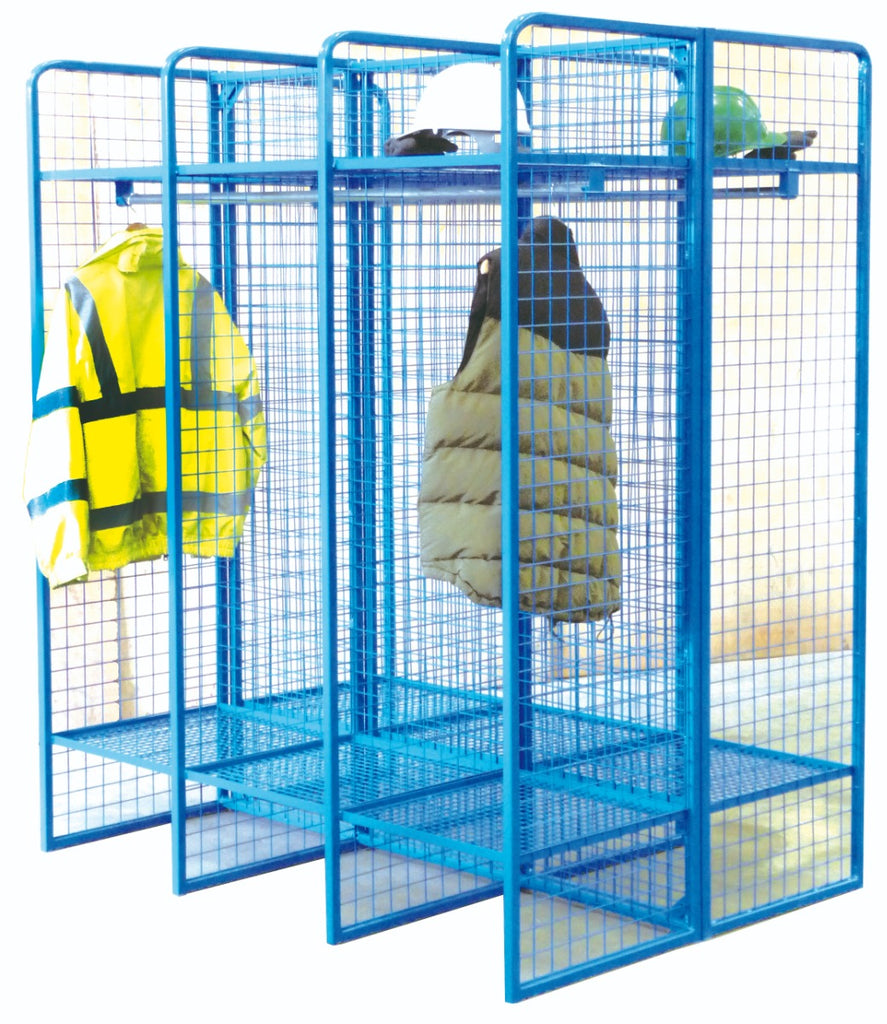 A double sided blue wire mesh storage compartment unit with shelves and hanging rails, equipped with safety gear displayed on it.