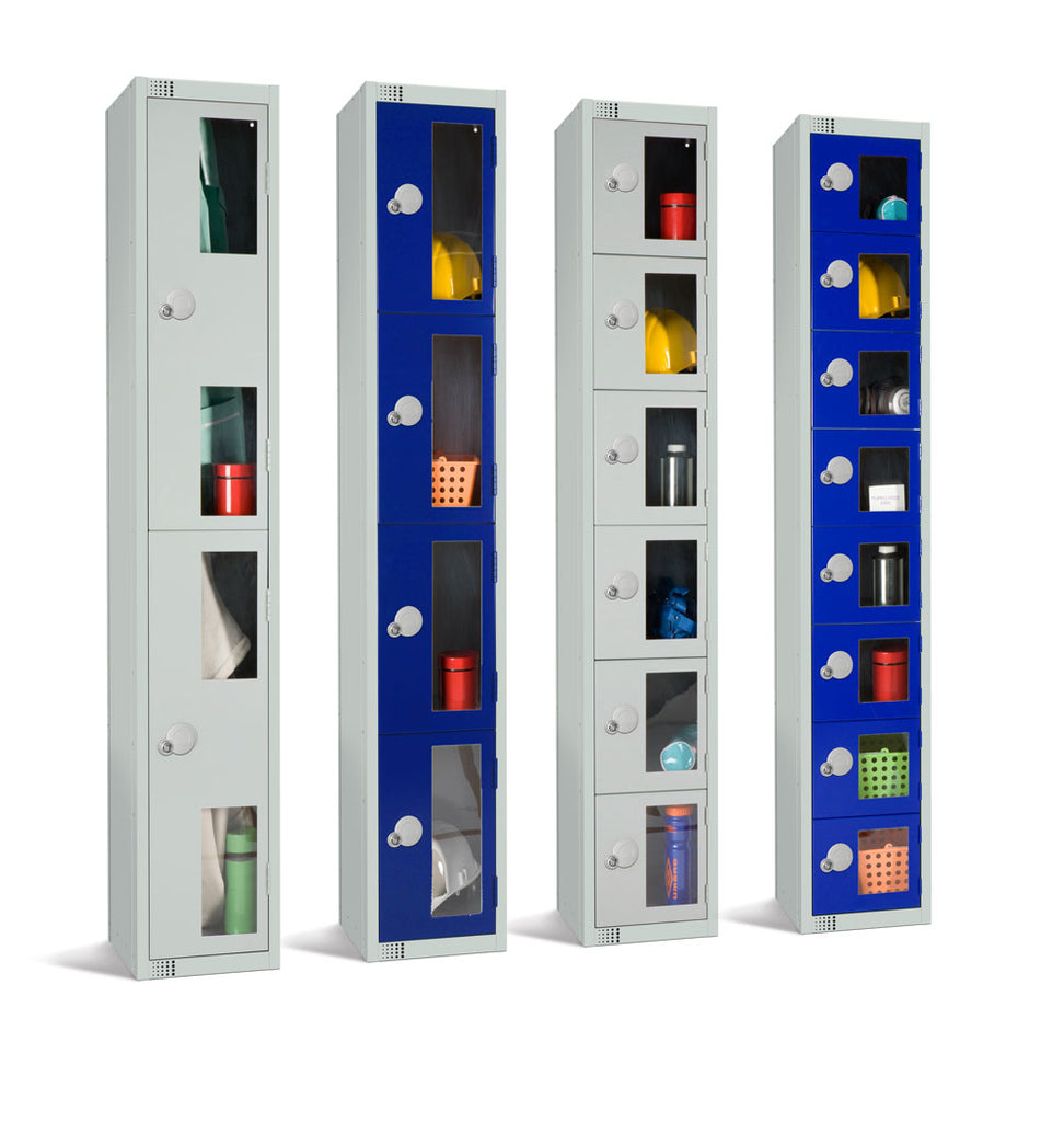 A set of vertical vision panel lockers in grey and blue colours, each featuring a clear plastic panel on the door for visibility, secured with padlocks.