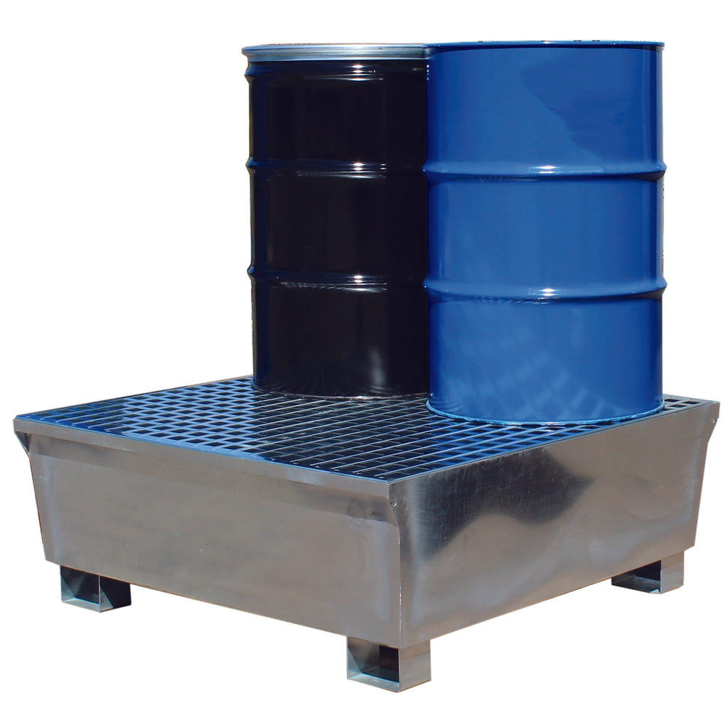 A galvanised steel sump pallet with a removable grid, featuring two drums placed on top of it.