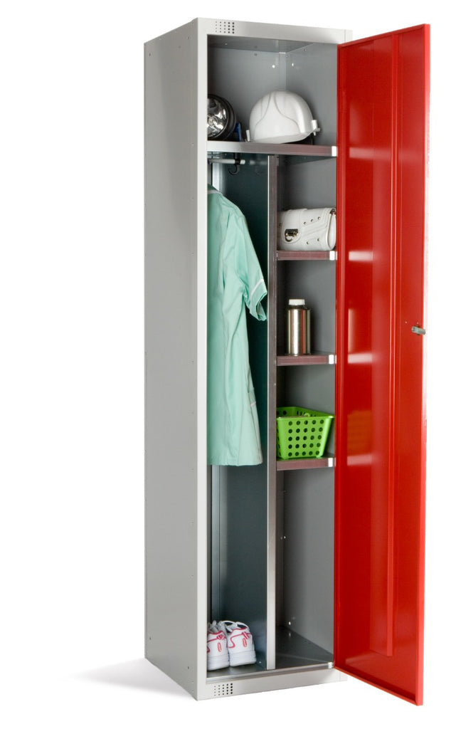 A gray and red metal workwear locker with open doors showing hanging compartments and various items inside.