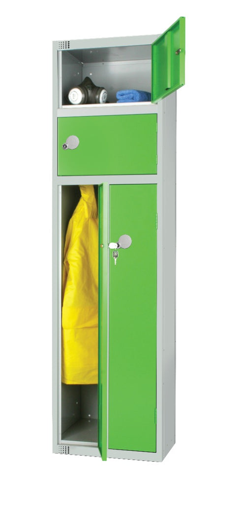 A green and grey metal two person workwear locker with a mesh section and a solid door, with a yellow jacket stored inside.