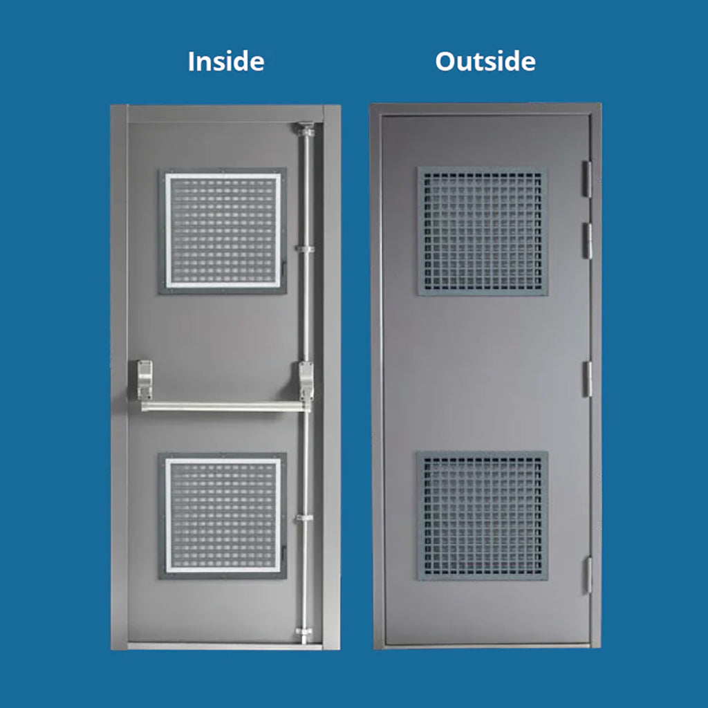 Industrial-grade steel door with fly screen mesh panels viewed from inside and outside, showcasing a secure and ventilated design.