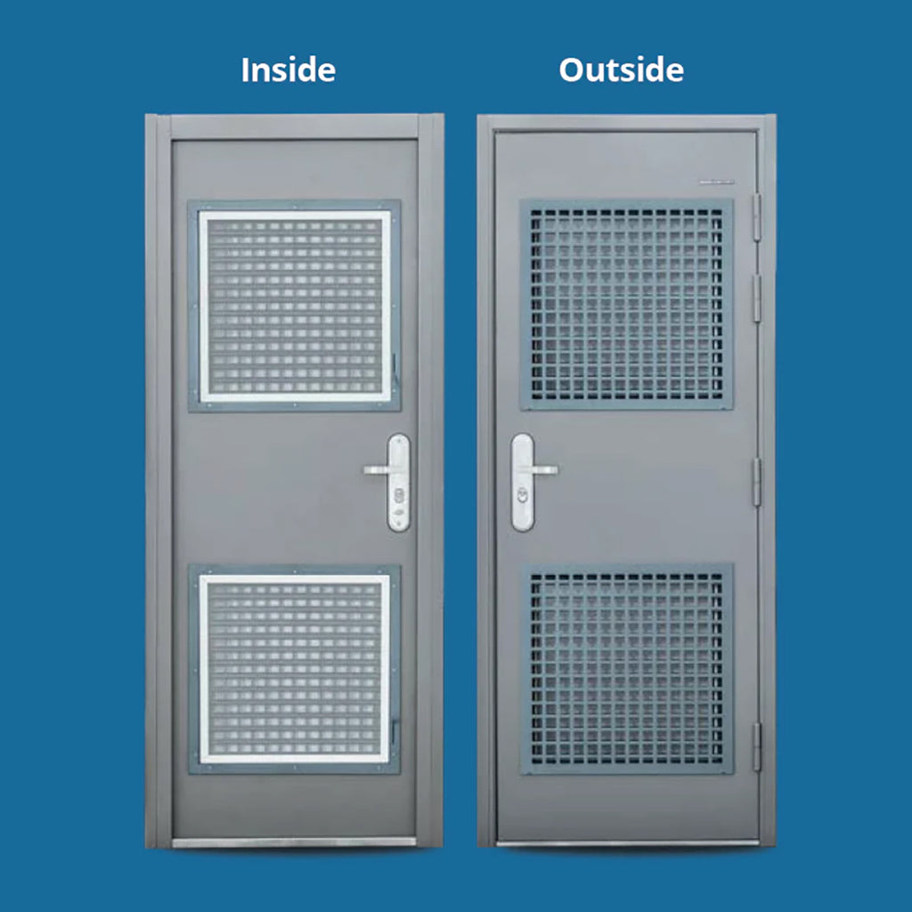 Double doors with fly screen mesh on the inside view and plain steel on the outside view, providing secure dual aspect.