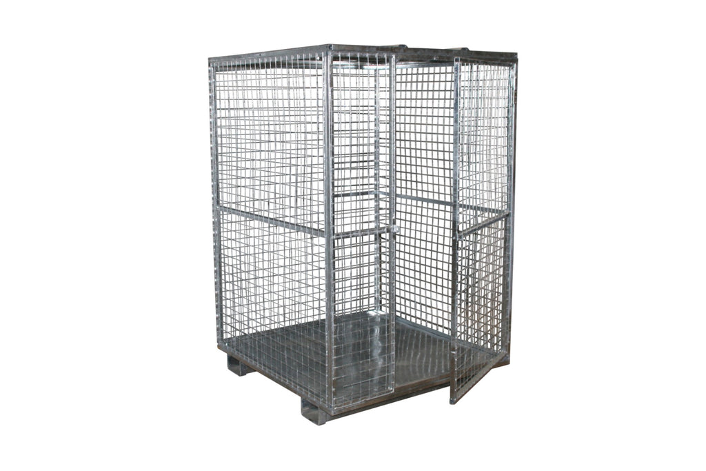 A heavy duty galvanised metal security cage with a 25 x 25mm mesh pattern and a sheet panel roof.