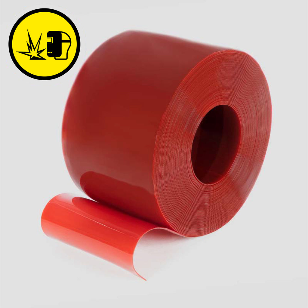 Red Screenflex Welding Grade PVC Bulk Roll, displayed as a large roll of durable, spark-resistant material, ideal for custom welding curtains in industrial settings