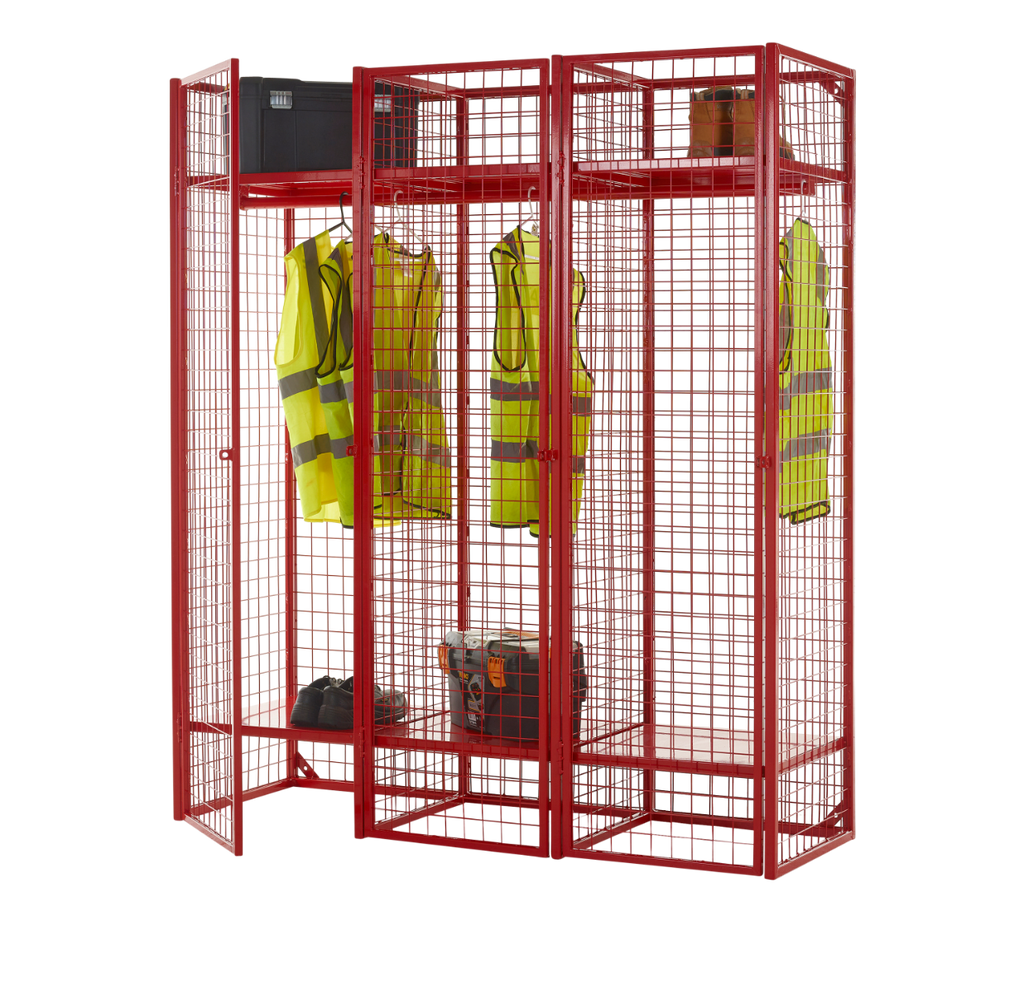 A single sided unit of a wire mesh storage compartment with a hanging rail and two storage shelves, showing various items such as a high-visibility jacket and helmets.