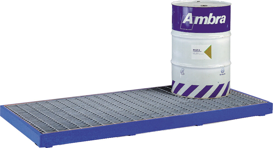 Blue sump flooring panels designed to hold drums, with several metal drums placed on top of the panels.