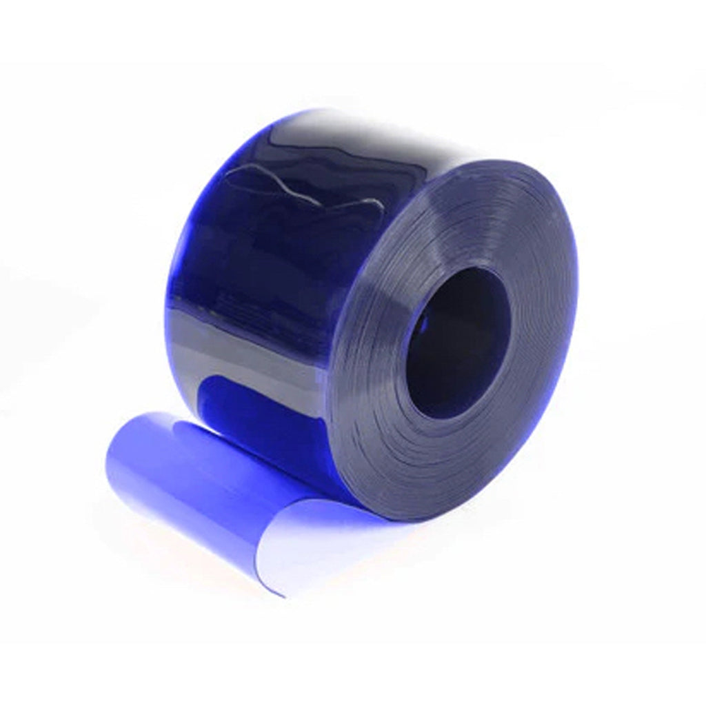Roll of Transparent Blue Coloured PVC, 200mm wide and 2mm thick, showcased in various hues, ideal for creating light-permeable, colorful curtains in commercial and creative spaces