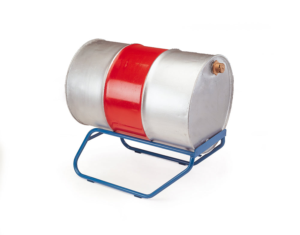 A tubular steel drum stand with a red and silver drum placed on top, mounted on blue and black mobility kit with nylon rollers.