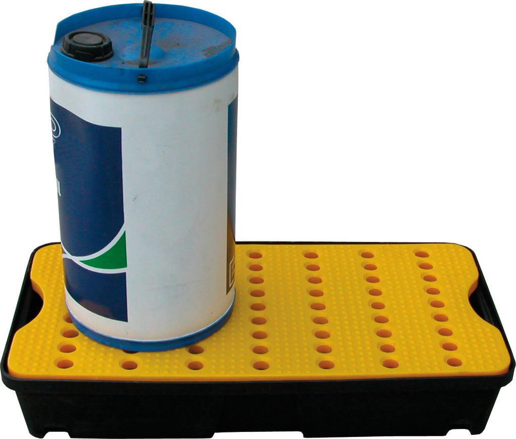 A yellow plastic spill tray with a black rim, containing a blue drum on its surface.