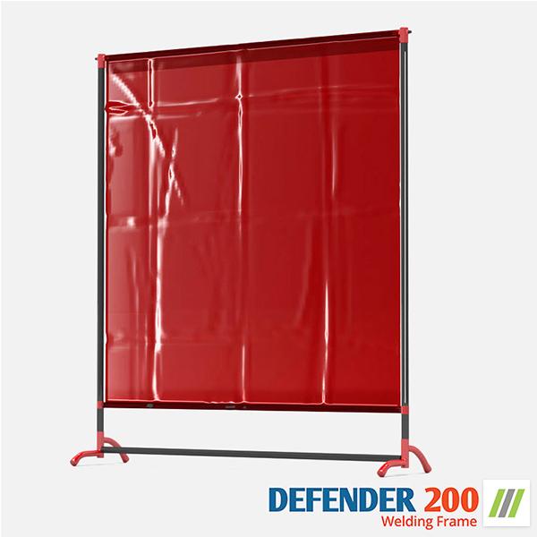Robust Defender 200 Welding Screen displayed in an industrial setting, featuring a durable frame and flame-retardant clear PVC screen for superior protection.
