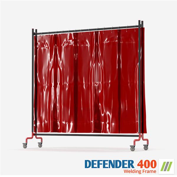 Defender 400 Welding Screen set up in a heavy-duty industrial environment, showcasing its sturdy frame and thick flame-retardant PVC for superior welding protection.
