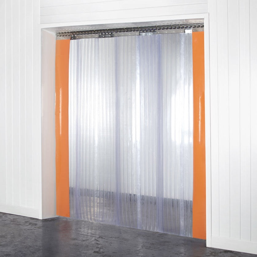 Photo of Heavy Duty Standard Double Ribbed PVC Curtains, 400mm x 4mm, outfitted with orange warning strips for increased safety and visibility in high-traffic areas