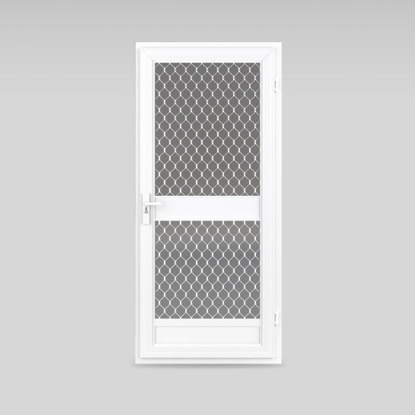 Heavy-duty fly screen security door installed at an industrial facility, featuring a solid metal frame and optional mesh to enhance site security and airflow.