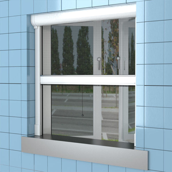 Retractable Ventalite fly screen with fibreglass mesh and anti-wind mechanism, showing the sleek integration on a window.